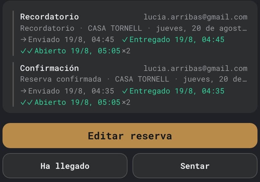 Ficha de una reserva con su rastro de correos: enviado, entregado y abierto, con hora
