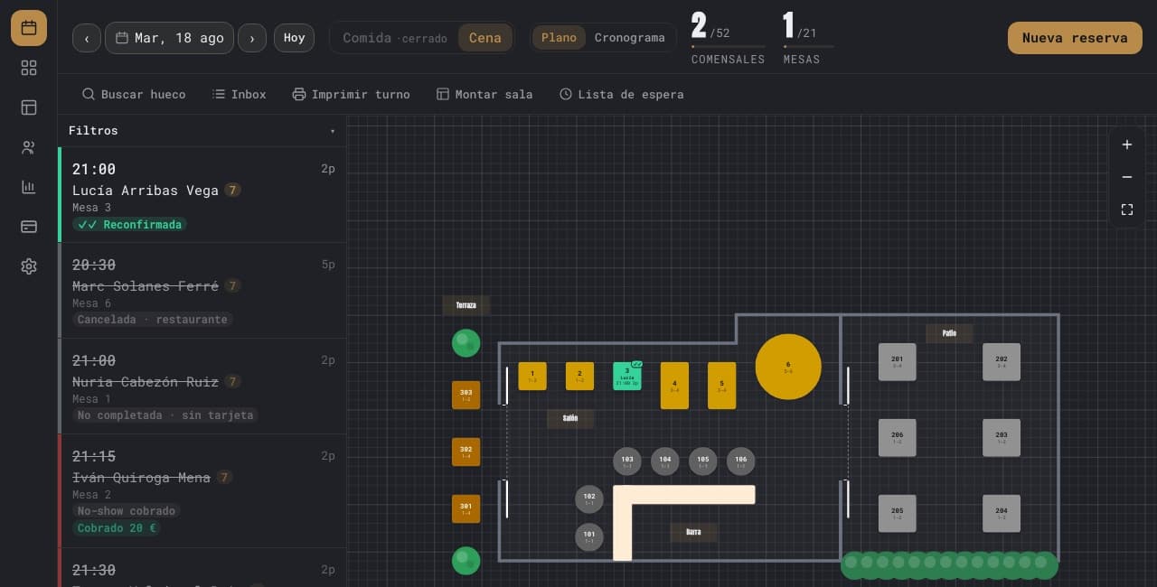 El panel de SmartCover con el plano de sala en tiempo real